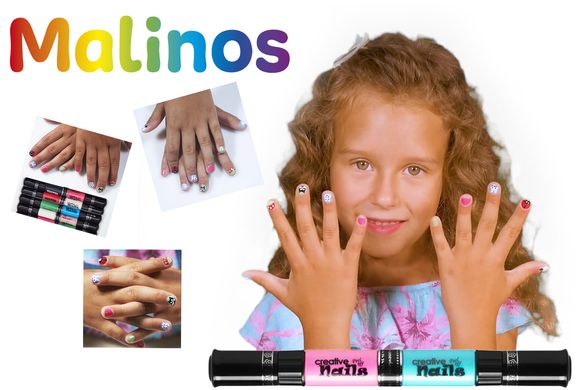 Дитячий лак-олівець для нігтів Malinos Creative Nails на водній основі (2 кольори малиновий + синій)